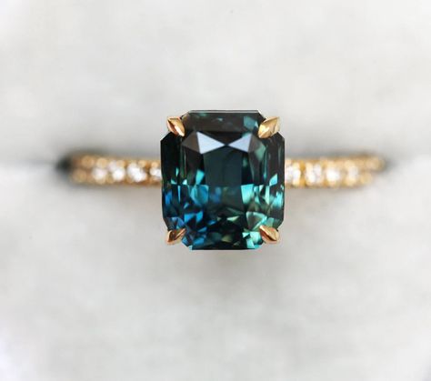 Marcela 3ct Radiant Teal Sapphire Ring with Pave Diamond Band – Capucinne Sapphire Wedding Set, Teal Sapphire Ring, Original Engagement Rings, Green Sapphire Engagement, Green Sapphire Engagement Ring, Saphir Ring, Blue Green Sapphires, Pave Diamond Band, Teal Sapphire