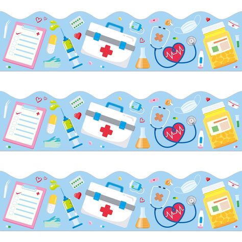 PRICES MAY VARY. 🚀 WHAT WILL YOU GET. 72pcs medical theme bulletin board borders for classroom decoration per pack, each piece measures 3" x 12", the total length is approx.72 feet. 🚀 MEDICAL THEME DESIGN. Designed with colorful medical supplies against blue background, unique and fun. Decorate your nurse classroom with these nurse bulletin board borders, add a vibrant touch. 🚀POPULAR MEDICAL DECORATION. Use nurse borders to liven up your health classroom! Create medical styles for health bul Medical Classroom Decor, Medical Bulletin Board Ideas, Hospital Bulletin Board, Nursing Education Board Ideas, School Clinic Ideas Nurse Office, School Clinic Decor, Nursing Bulletin Board Ideas Hospital, Nurse Office Decor Ideas, Nursing Unit Bulletin Board Ideas