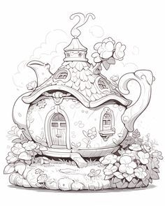 Deviant Art Coloring Pages, Teapot House Illustration, Teapot House Drawing, Fantasy Coloring Pages For Adults Unique, Adult Colouring Printables Free, Colouring Pages For Adults Printable Free, Vegetable Side Dishes For Bbq, Coloring Book Art Free Printable, Fantasy Teapot