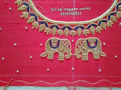 Elephant Blouse Designs, Elephant Work Blouse Designs, Elephant Embroidery Design Blouse, Elephant Maggam Work Designs, Boat Neck Blouse Design, Hand Work Design, Simple Hand Embroidery Patterns, Maggam Work Designs, Pattu Saree Blouse Designs