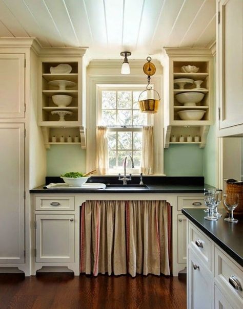 Wide Wainscoting, Skirted Sink, Kitchen Trim, Architecture Ceiling, Sink Skirt, Aqua Walls, Dark Countertops, Black Counters, Lovely Kitchen