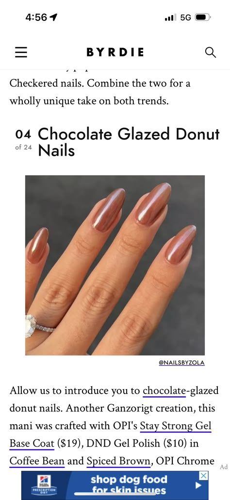 Caramel Glazed Donut Nails, Hailey Beiber Chocolate Glaze Nails, How To Chocolate Glazed Nails, Dnd Glazed Donut Nails, Chocolate Brown Dip Powder Nails, Choc Glazed Donut Nails, Chrome Nails Tan Skin, Chocolate Brown Glazed Nails, Neutral Builder Gel Nails