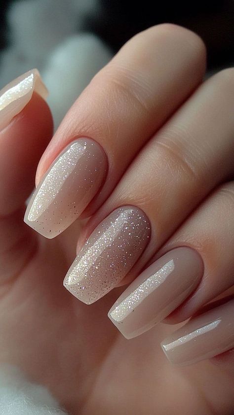 Neutral Nail With Sparkle, Nail For Bridesmaid, Nuteral Nails Cute Short, Neutral November Nails, Milky Pink Nails With Design, Neutral New Years Nails, Nail Extension Designs Nude Color, Nude Nails Sparkle, Neutral Bridesmaid Nails