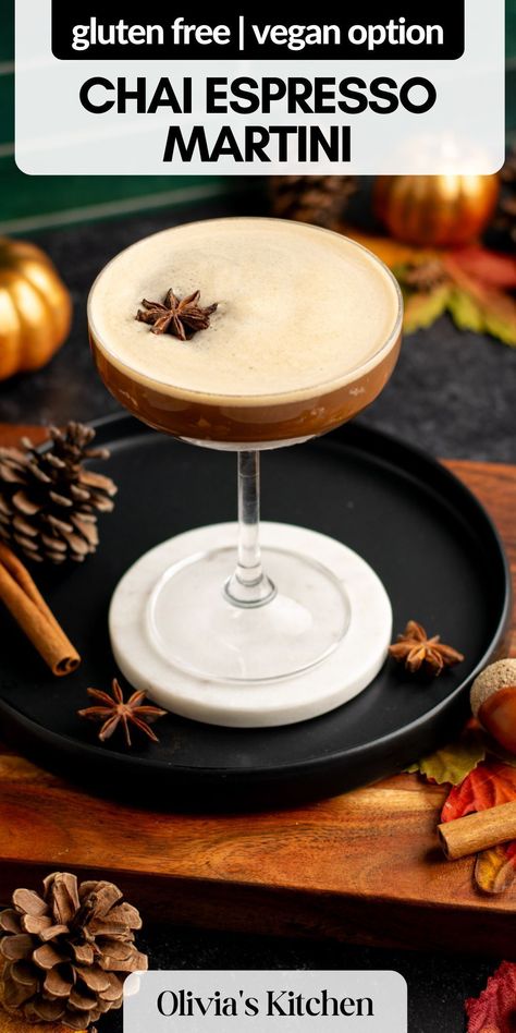 Maple Espresso Martini, Fall Espresso Martini Recipes, Chai Tea Martini, Dirty Chai Martini, Thanksgiving Espresso Martini, Chai Cocktail Drinks, Flavored Espresso Martini, Halloween Espresso Martini, Fall Espresso Martini