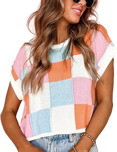 Adelaide Elise's Amazon Page Colorful Sweater Outfit, Orange Color Block, Cap Sleeve Sweater, Gingham Shorts, Checkered Print, Short Sleeved Sweaters, Lightweight Knit, Shoulder Length, Sleeve Sweater