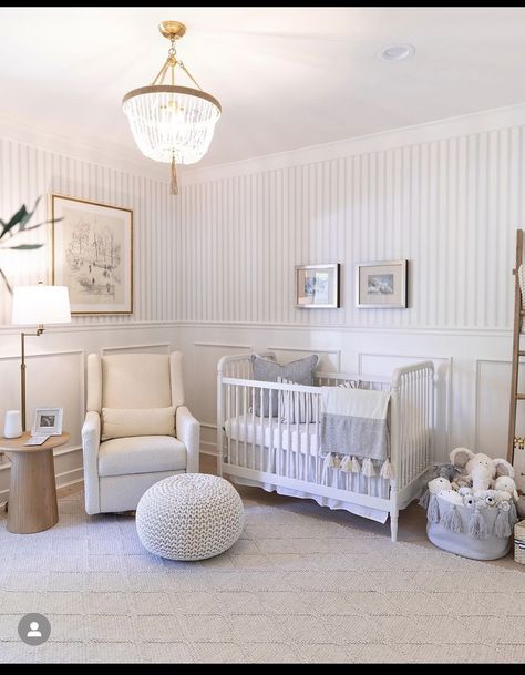 Gender Neutral Classic Nursery, Wainscoting Nursery Neutral, White Walls Nursery, Nursery Wainscotting, Wainscoting In Nursery, French Country Nursery Ideas, Nursery Wainscoting Ideas, Nursery With Wainscoting, Transitional Nursery Ideas