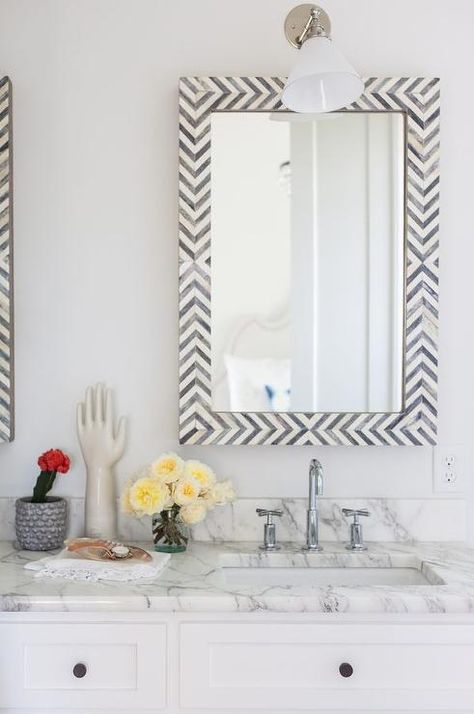 West Elm Parsons Bone Herringbone Mirror White And Black Bathroom, Wall Sconces Diy, Urban Bathroom, Pearl Mirror, Sconces Fireplace, Chevron Mirror, Decor Pad, Sconces Living Room, Interior Design Portfolios