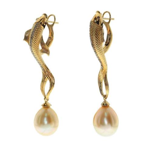 Mousson Atelier Jewelry & Watches - 209 For Sale at 1stdibs - Page 2 Pearl Diamond Dangle Earrings, South Sea Pearls Earrings, Brown Diamonds, Fish Earrings, Fish Jewelry, Golden South Sea Pearls, Unusual Earrings, 18k Gold Earrings, Pearl And Diamond Earrings