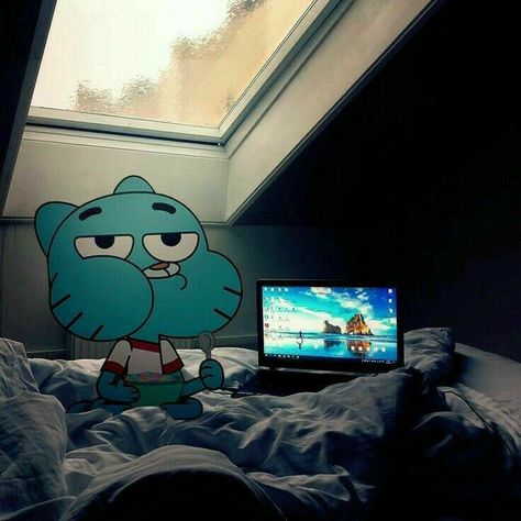 A Cartoon, Cartoon Character, Laptop, Computer, Bed, Wall