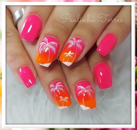 Looking for some nail inspo for your next vacation? Look no further! These stunning coffin nails are perfect for any getaway. From vibrant tropical designs to chic neutral tones, these vacation nails will take your look to the next level. Get ready to show off your stylish manicure on your next trip! Tropical Nail Art Designs, Beach Nails Orange And Pink, Island Holiday Nails, Luau Nails Hawaiian, Luau Nails Designs, Hawaii Theme Nails, Hawaiian Nail Ideas, Pedicure Ideas Summer Beach, Tropical Nail Art The Beach