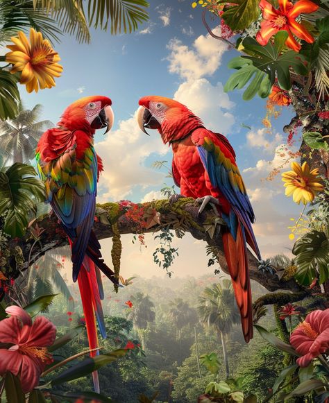 Exotic Artwork, Parrot Flying, Lush Jungle, Jungle Foliage, Jungle Birds, Scarlet Macaw, Jungle Flowers, Fluffy Clouds, Gcse Art