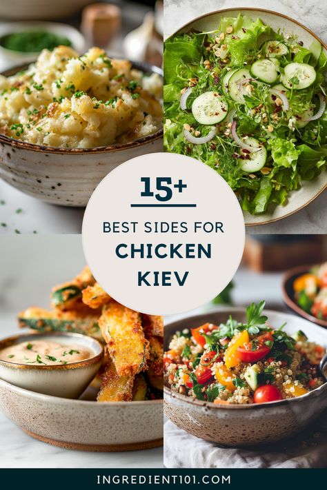 Elevate your chicken kiev and take your favorite dish to the next level with these perfect side dishes! From crispy garlic parmesan green beans to a refreshing summer salad, these sides are a match made in heaven for your tender chicken kiev. Whether you're using an air fryer or baking it in the oven, these easy and delicious sides are guaranteed to impress. So, why wait? Take your chicken kiev dinner to the next level with these perfect crispy sides! Chicken Skweres Sides, Sides For Stuffed Chicken, Chicken Kiev Side Dishes, Chicken Breast Side Dishes, Garlic Parmesan Green Beans, Zucchini Fries Baked, Spinach Fettuccine, Plating Design, Sides For Chicken