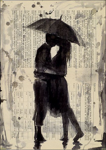 Ink Art Illustration Love, Couples Poster, Kissing In The Rain, Collage Mixed Media, Original Ink Drawing, Red Umbrella, Love Rain, Watercolour Gift, Ink Drawings