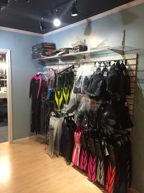 Even our back stock room is ready for show for private fittings when getting scuba gear Scuba Gear Aesthetic, Gear Aesthetic, Shop Design Ideas, Scuba Shop, Gear Room, Dive Shop, Scuba Gear, Diving Center, Shop Ideas