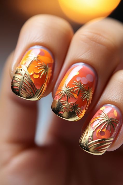 Vacation Nail Colors, Beachy Nail Designs, Vacation Nails Beach, Classic Nail Designs, Palm Tree Nails, Sunset Nails, Beachy Nails, Pastel Nails Designs, Green Nail Art