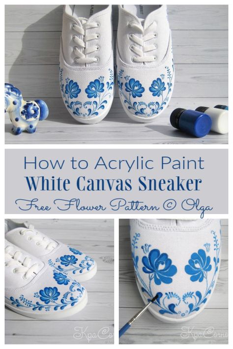 How to Customize Pattern on White Canvas Sneakers | Fabric Art DIY Free Flower Patterns, Diy Sneakers Designs, Fabric Covered Shoes, Shoe Art Designs, Canvas Shoes Diy, Fabric Art Diy, Bright Sneakers, White Canvas Sneakers, Painted Shoes Diy