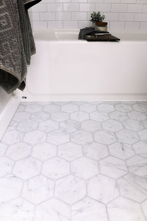 Hexagon Bathroom Floor, Hex Tiles Bathroom, Hexagon Tile Bathroom, Gray Grout, Hexagon Tile Floor, Flooring Bathroom, Marble Tile Bathroom, Subway Tiles Bathroom, Hexagon Tile