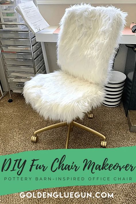 DIY Fur Office Chair Makeover - Golden Gluegun How To Make A Slip Cover For An Office Chair, Recovering An Office Chair Diy, Fur Desk Chair, Cover For Office Chair, Diy Desk Chair Cover, Recover Office Chair Diy, Old Office Chair Makeover, Craft Room Chair, Reupholster Office Chair