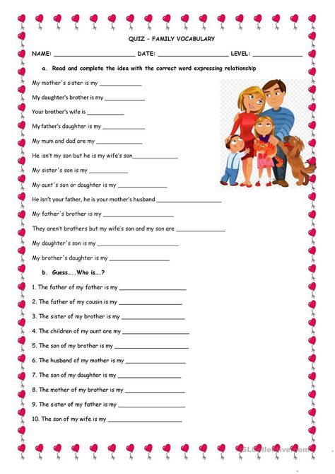 Family Vocabulary Quiz - English ESL Worksheets Esl Family Vocabulary Worksheets, Relationship Vocabulary Worksheet, Family Vocabulary English, Family Riddles, English Language Learning Activities, Family Quiz, Family Worksheets, Feelings Faces, English Quiz