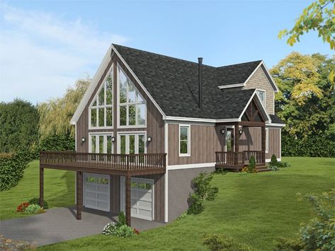 062H-0354: Waterfront House Plan Designed for a Sloping Lot with Drive-Under Garage Slope House Plans Layout, Bungalow Cabin, Chalet Plans, Mountain House Plan, Craftsman Farmhouse, Mechanical Room, Hillside House, Cabin Floor, Country Craftsman