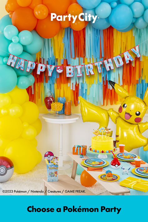 Pokemon Themed Birthday Party, Picachu Party Ideas, Pokémon Birthday Ideas, Pokemon Birthday Decorations, Pokemon Party Supplies, Pokemon Balloons, Pokemon Party Decorations, Pokemon Themed Party, Pokémon Birthday