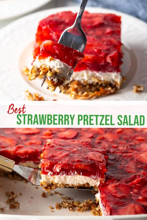 Strawberry Pretzel Salad (Jello Dessert Recipe!) - This sweet dessert "salad" recipe features layers of strawberry jello with fresh berries, cream cheese fluff, and crunchy pretzels. It's a classic southern treat that's perfect to make ahead for potlucks and dinner parties! | A Spicy Perspective Cream Cheese Fluff, Strawberry Pretzel Jello, Strawberry Pretzel Jello Salad, Jello Pretzel Salad, Dessert Salad Recipes, Strawberry Pretzel Salad Recipe, Strawberry Pretzel Dessert, Pretzel Desserts, Jello Dessert