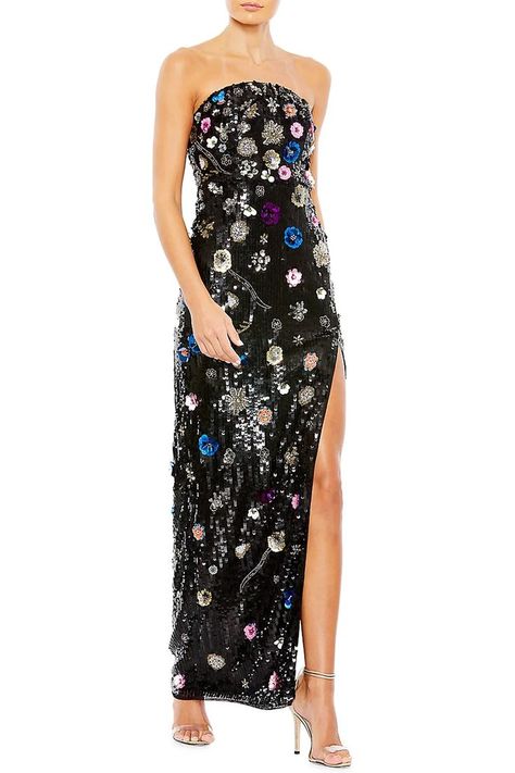 Floral Sequin Column Gown by Mac Duggal Black Mac, Organza Gowns, Sequin Evening Gowns, Column Gown, Strapless Gown, Sequin Gown, Floor Length Gown, Mac Duggal, A Line Gown