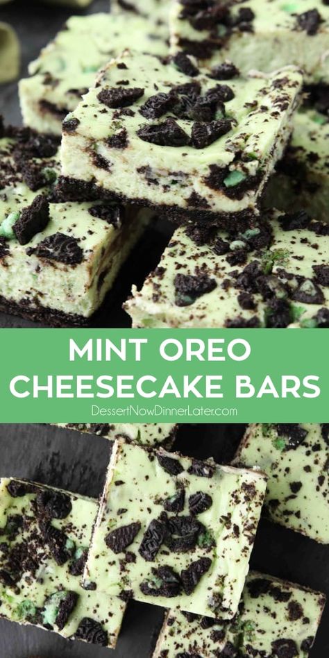 Mint Oreo Cheesecake Bars - a dessert for the mint chocolate lovers. With a mint Oreo crust, and a cool and creamy mint cheesecake loaded with extra chunks of mint Oreos throughout. Dessert With Mint Oreos, No Bake Mint Oreo Cheesecake, Mint Cheesecake Bars, Mint Chocolate Cheesecake Recipes, Recipes With Mint Oreos, Mint Oreo Brownies, Mint Desserts For Christmas, Mint Oreo Recipes, Mint Cheesecake Recipes