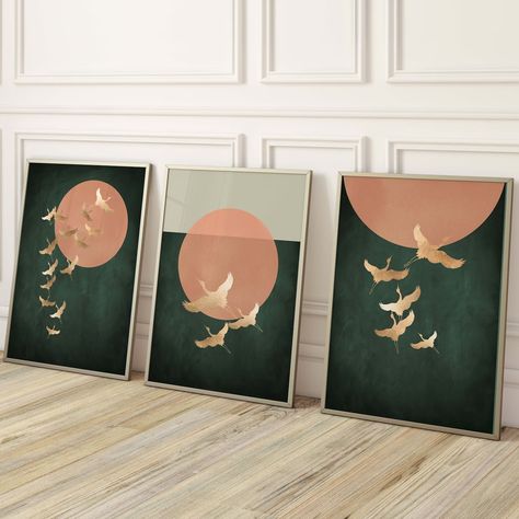 Green and Gold Cranes Wall Art Prints, Set of 3 Prints, Japanese, Japandi Art, Birds, Orange Sun, Large, Living Room Decor, Dark Green - Etsy Room Decor Dark Green, Large Living Room Decor, Office Redo, Japandi Art, Vintage Desert, Asian Wall Art, Extra Large Art, Desert Decor, Prints Set Of 3