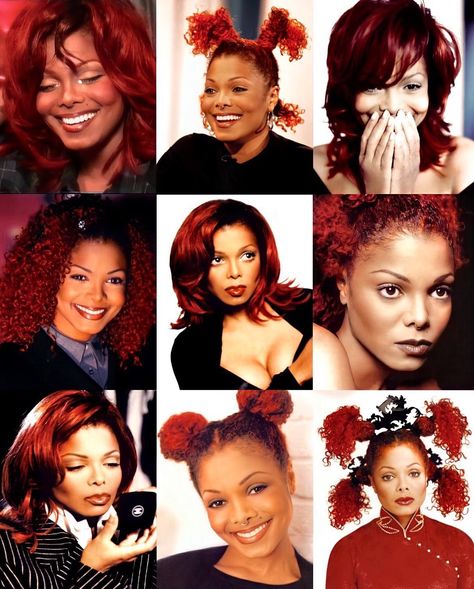 appreciation tweet for hairstylist janet zeitoun creating a custom red color for janet jackson named “scarlet heat” during the velvet rope era.// @hourlydamita on twitter. Rope Hairstyles, Janet Jackson Velvet Rope, Janet Jackson 90s, Velvet Rope, Dyed Natural Hair, Vintage Black Glamour, The Jacksons, Auburn Hair, Janet Jackson