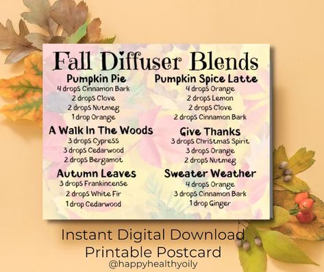 Essential Oil Postcard Fall Diffuser Blends Postcard - Etsy Fall Postcard, Fall Essential Oil Blends, Summer Diffuser Blends, Fall Essential Oils, Fall Diffuser Blends, Printable Postcards, Essential Oil Diffuser Blends Recipes, Essential Oil Diffuser Recipes, Oil Diffuser Recipes