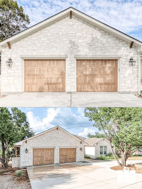 Oak Garage Doors, German Schmear, Garage Door Colors, Limestone House, Garage Door House, Austin White, Wood Garage, Wood Garage Doors, Driveway Landscaping