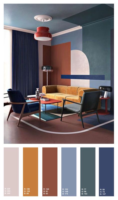 Living Room Colors For Small Space, Unique Living Room Colors, Bauhaus Style Living Room, Cool Colors Interior Design, 70s Style Interior Design, 70s Inspired Interior, Interior Design Bauhaus, 70s Design Interior, Bauhaus Living Room Design