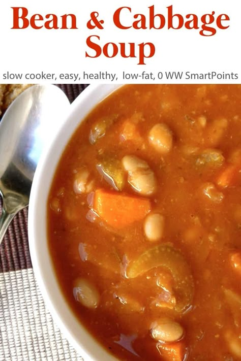 This slow cooker bean and cabbage soup is easy, healthy and satisfying with just 198 calories, 0 WW Freestyle SmartPoints and works with Weight Watchers Simply Filling! #slowcookerbeancabbagesoup #soup Zero Point Bean Soup, Cabbage Soup With Beans, Cabbage And Bean Soup Recipe, Ww Cabbage Soup Recipe, Cabbage And Bean Soup, Bean And Cabbage Soup, Cabbage Soup Slow Cooker, Cabbage Soup Crockpot, Ww Soup