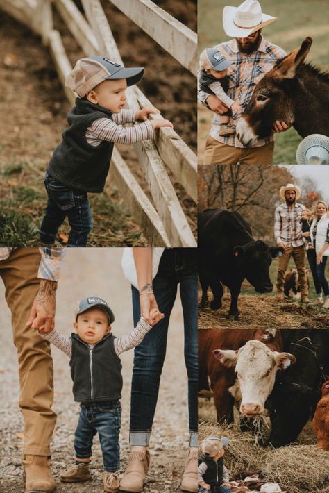 Pasture Family Photos, Family Photos On A Farm, One Year Old Farm Photo Shoot, Cattle Family Pictures, Fall Family Farm Pictures, Family Photos Farm Ideas Country Life, Homestead Family Photoshoot, First Birthday Farm Photoshoot, Cow Family Pictures