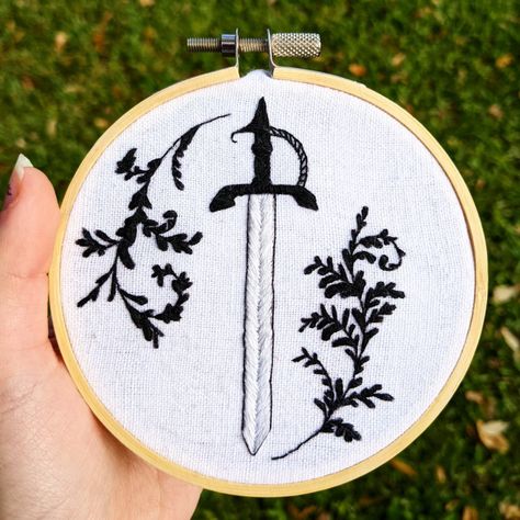 Dagger Embroidery, Bookish Embroidery, Hoop Wall Art, White Gothic, Embroidery Hoop Wall, Embroidery Hoop Wall Art, Wall Art Black And White, Leaf Plant, Art Black And White