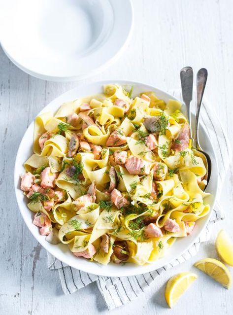 RICARDO | Pappardelle with Salmon and Shiitake Mushrooms Trout Pasta, Smoked Trout Recipe, Shiitake Mushrooms Recipes, Pappardelle Recipe, Salmon Pasta Recipes, Tomato Pasta Recipe, Trout Recipes, Smoked Trout, Salmon Pasta