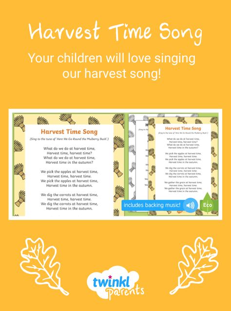 Singing our harvest time song will help your early years child identify sound patterns and learn through repetition of verses. Great for EYFS kids this harvest season. #twinkl #twinklparents #autumn #harvest #eyfs #eyfssong Harvest Poems For Kids, Harvest Songs For Toddlers, Harvest Songs Preschool, Harvest Eyfs, Harvest Poems, Zoo Room, September Lessons, Early Years Activities, Healthy Harvest