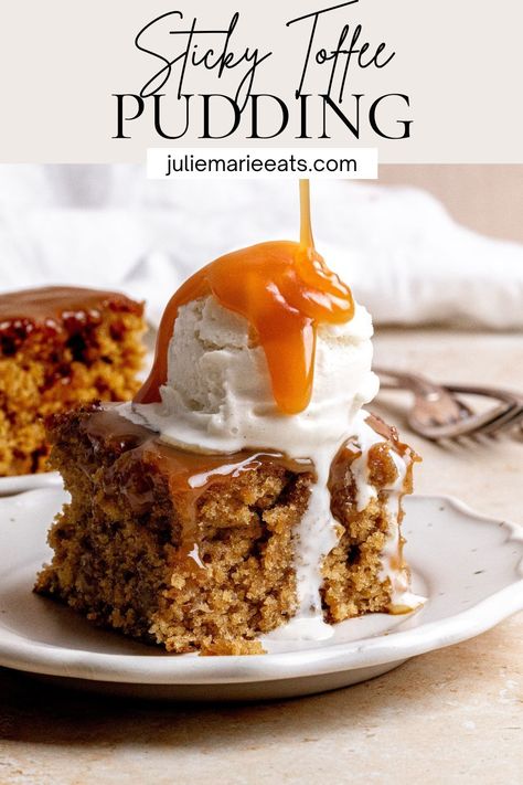 The British classic Sticky Toffee Pudding is classic for a reason. This easy Sticky Toffee Pudding has a soft and gooey cake covered with a buttery warm toffee sauce and a scoop of vanilla ice cream.