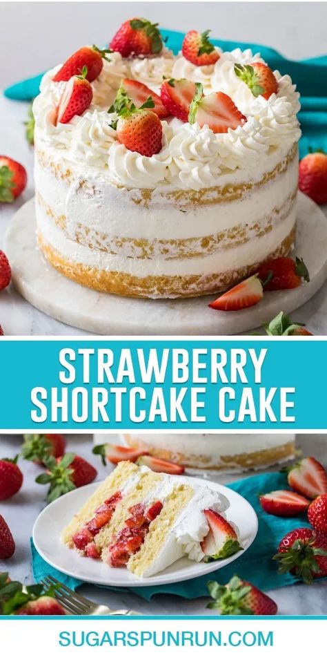 Moist and tender vanilla cake paired with juicy strawberries and light whipped cream frosting, this is an elegant, show-stopping strawberry shortcake cake. It’s perfect for spring and summer celebrations! Delicious Strawberry Cake, Strawberry Vanilla Cake, Shortcake Cake, Strawberry Cream Cakes, Strawberry Shortcake Cake, Birthday Cake Decorating Ideas, Strawberry Dessert Recipes, Strawberry Shortcake Recipes, Shortcake Recipe