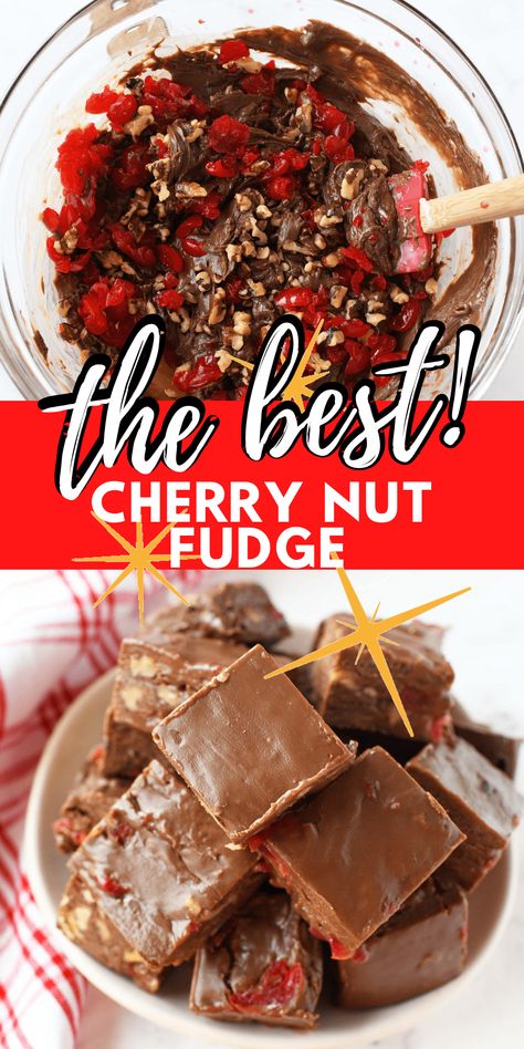 If you love the flavor of chocolate cherry cordials, you'll love this scrumptious chocolate cherry fudge with nuts. It is really easy to make and you only need the microwave! Once firm, it cuts nicely into little giftable cubes that taste almost identical to some of my favorite holiday chocolate cherries. via @savvysavingcoup Dark Chocolate Cherry Fudge, Chocolate Covered Cherry Fudge, Chocolate Cherry Cordial Fudge, Chocolate Cherry Fudge Easy, Cherry Fudge Recipes, Weenies Recipe, Chocolate Cherry Fudge, Cherry Snacks, Cherry Fudge