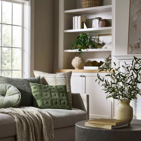 The Best Home Decor At Target Right Now - Emily Henderson Beige Couch Living Room Green Accents, Dark Gray Couch Green Pillows, Gray Couch With Green Pillows, Living Room Sage Green Accents, Blue And Green Pillows On Couch, Green And Neutral Home Decor, Pillows With Grey Couch, Grey Couch Green Accents, Dark Couch Decor