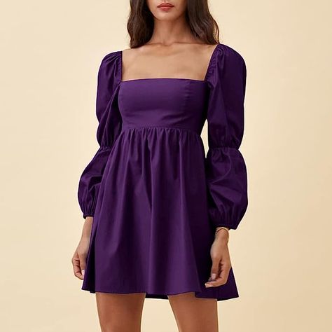 EXLURA Womens Square Neck Dress Long Puff Sleeve A-Line Casual Short Mini Dress #fashion #dress #clothing #style #summer #spring #womensclothing Vestidos Vintage, Necklines For Dresses, Short Mini Dress, Long Puff Sleeves, Mini Dresses Summer, Sweet Style, Girly Fashion, Belleza Natural, Mini Dress With Sleeves