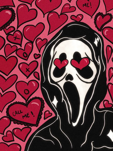 Ghost Face Valentines Day Wallpaper, Ghostface Valentines Day Wallpaper, Gost Face Wallpaper Aesthetic, Ghost Face Heart Eyes, Scream With Hearts, Scream Backgrounds Aesthetic Wallpaper, Scream With Heart Eyes, Halloween Love Aesthetic, Aesthetic Drawing Face