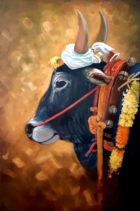 Pongal Painting Ideas, Jallikattu Drawing, Kangayam Bull Images, Nandi Wallpaper, Indian Bull Images, Bail Pola Photo, Nandi Painting, Shiv Nandi, Nandi Bull Images