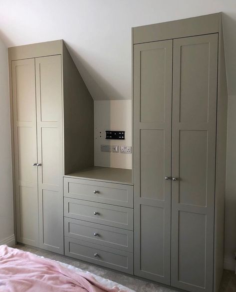 Angled ceilings can be a real problem when it comes to storage. Unless you go with a bespoke option. We created these matching wardrobes… | Instagram Angled Ceiling Bedroom, Angled Bedroom, Bespoke Bedroom, Handles Wardrobe, Angled Ceiling, Bespoke Wardrobe, Angled Ceilings, Art Studio Room, Built In Cabinet