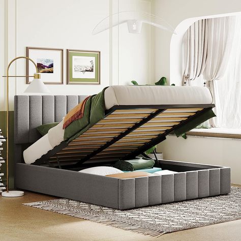 Merax Upholstered Queen beds Gas Lift Up Storage Platform Bed Frame with Tufted Headboard Wooden Slat Support and Under Bed Storage,Grey- Full or Queen Upholstered Full Bed, Storage Platform Bed, Wooden Platform Bed, Queen Upholstered Bed, Full Size Bed Frame, Storage Platform, Full Bed Frame, Daybed With Storage, Elegant Bedding