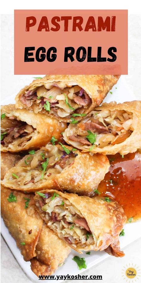 Kosher Chinese recipes like our Pastrami Egg Rolls have taken off in recent years. And why shouldn't they? They are crispy on the outside, savory and crunchy on the inside and oh so tasty! Best yet, they are great served with other Chinese dishes like sesame chicken, lo mein, and mongolian beef. This recipe is kosher, non-dairy, and perfect for Shabbat or Hanukkah. Read on to learn how to make the best Pastrami Egg Rolls from scratch. Eggroll Recipes Chinese, Pastrami Egg Rolls Recipe, Egg Rolls Recipes, Egg Rolls With Peanut Butter Chinese, Authentic Chinese Egg Rolls Recipe, Classic Chinese Egg Rolls, Purim Recipe, Rolls From Scratch, Chicken Lo Mein