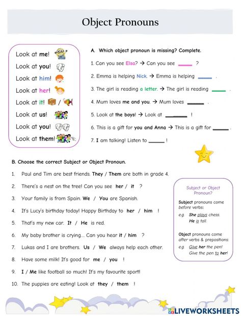 Subject and object pronouns online worksheet for beginner. You can do the exercises online or download the worksheet as pdf. Pronouns Worksheet For Grade 5, Object And Subject Pronouns, Subject And Object Pronouns Activities, Subjective Pronouns Worksheet, Subject And Object Worksheet, Prounons Worksheet, Object Pronouns Worksheets For Kids, Subject Pronouns Worksheet Grade 1, Objective Pronouns Worksheet