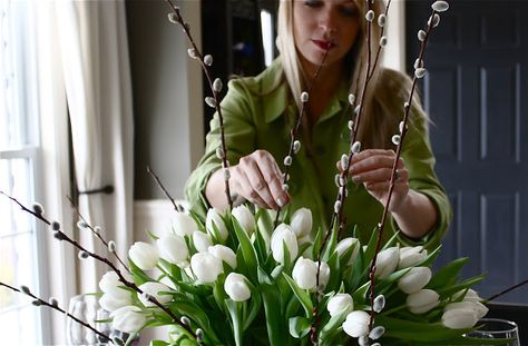 Spring Centerpiece With Tulips and Pussywillow Arranging Flowers In A Vase, Centerpiece Tutorial, Yellow Cape Cod, Wedding Flowers Tulips, Arranging Flowers, Spring Centerpiece, Flowers In A Vase, Spring Outdoor, Willow Branches